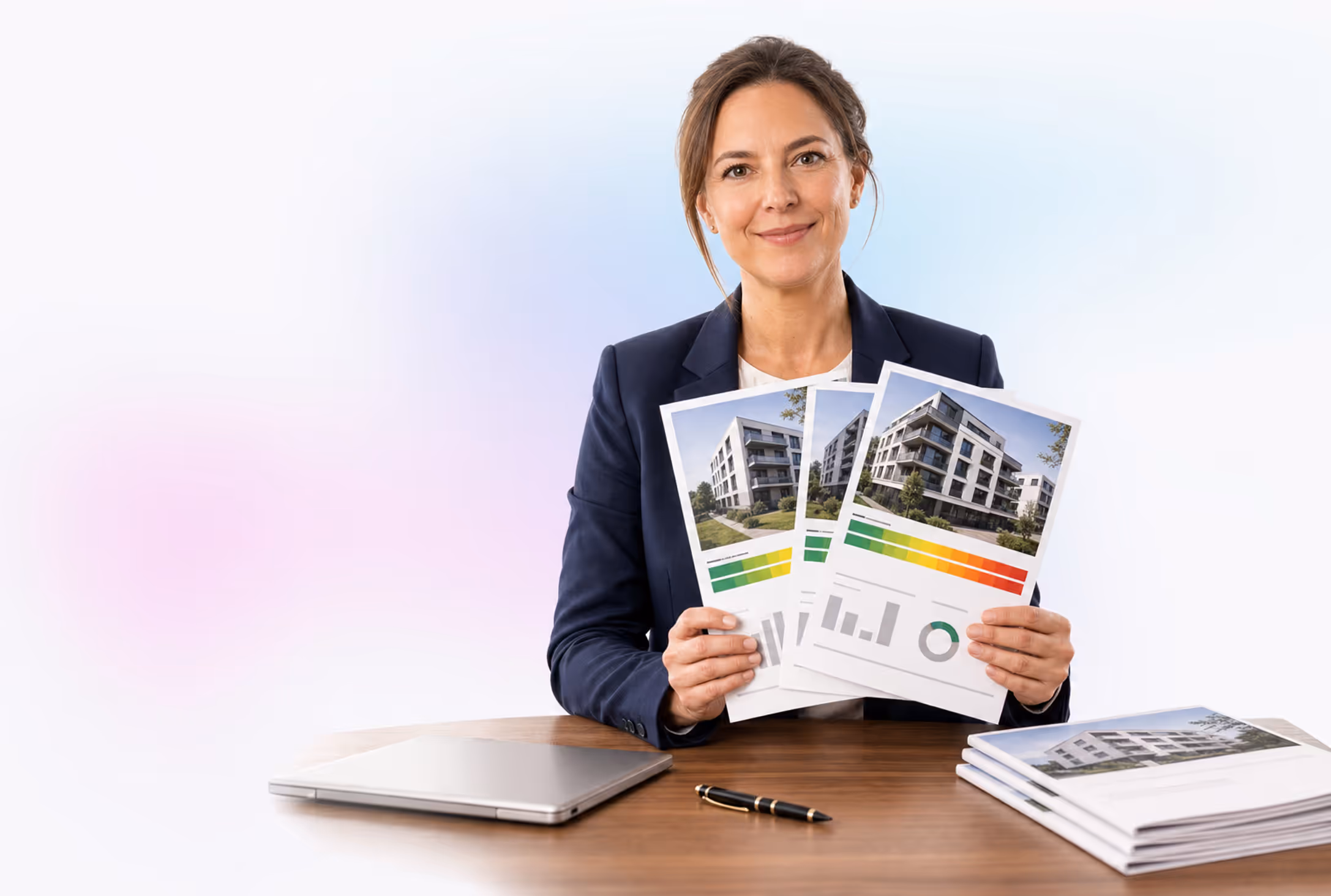 Professionelle Immobilienmaklerin im Blazer am hellen Holzschreibtisch — hält ein Tablet mit einer Immobilieninserat-Vorschau samt Energieeffizienz-Farbband (grün bis rot); daneben eine geöffnete Aktenmappe mit Energieausweis, ein Bund Hausschlüssel und ein Stift in warmem Tageslicht (GModG-Inseratspflicht nach § 87)