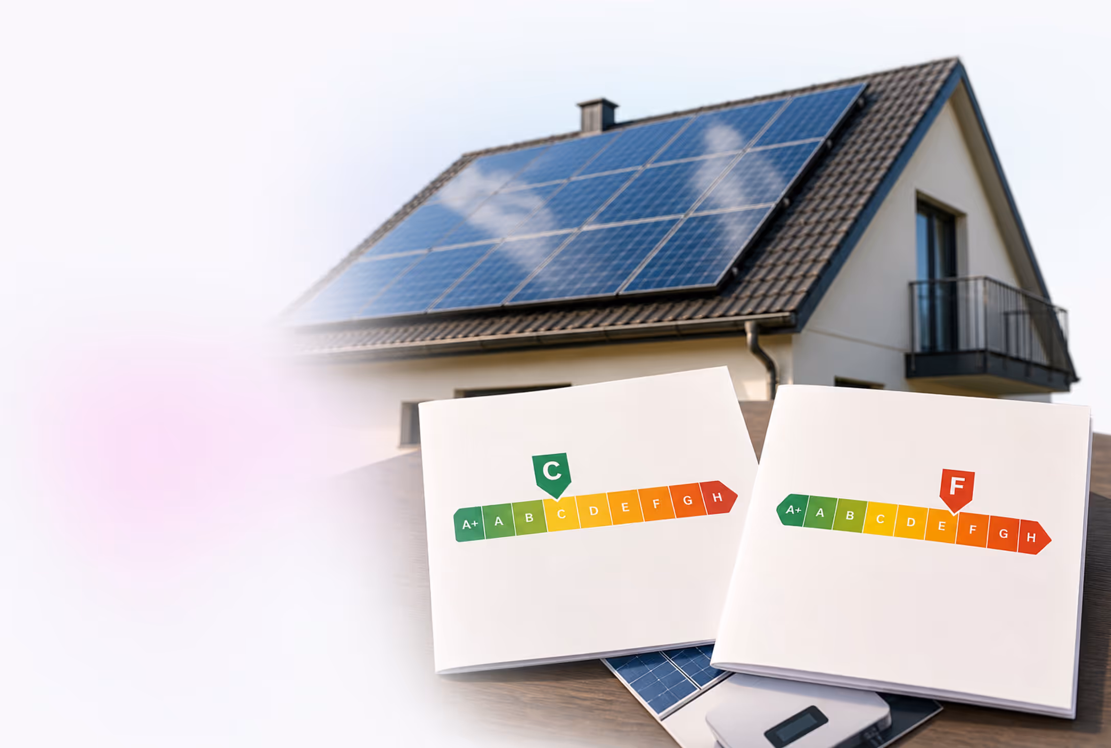 Dach mit Photovoltaik-Modulen und Energieausweis — Verbrauchs- vs. Bedarfsausweis und Effizienzklasse nach Solaranlage